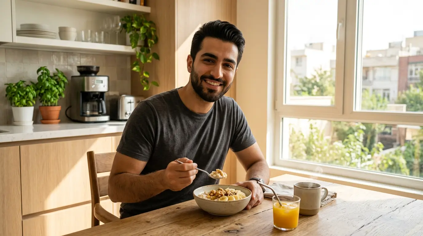 صبح ناشتا برای لاغری چه بخوریم؟ ۱۲ خوراکی و نوشیدنی چربیسوز برای کاهش وزن 4 مرد ایرانی در حال خوردن صبحانه جو دوسر برای کاهش وزن