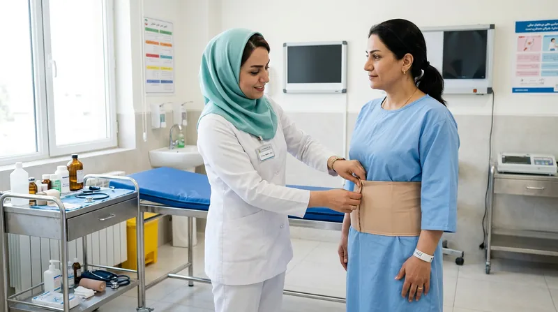آیا ساکشن شکم عوارض دارد؟ بررسی عوارض لیپوساکشن شکم 4 معاینه بیمار بعد از لیپوساکشن و بررسی گن فشاری برای جلوگیری از عوارض ساکشن شکم