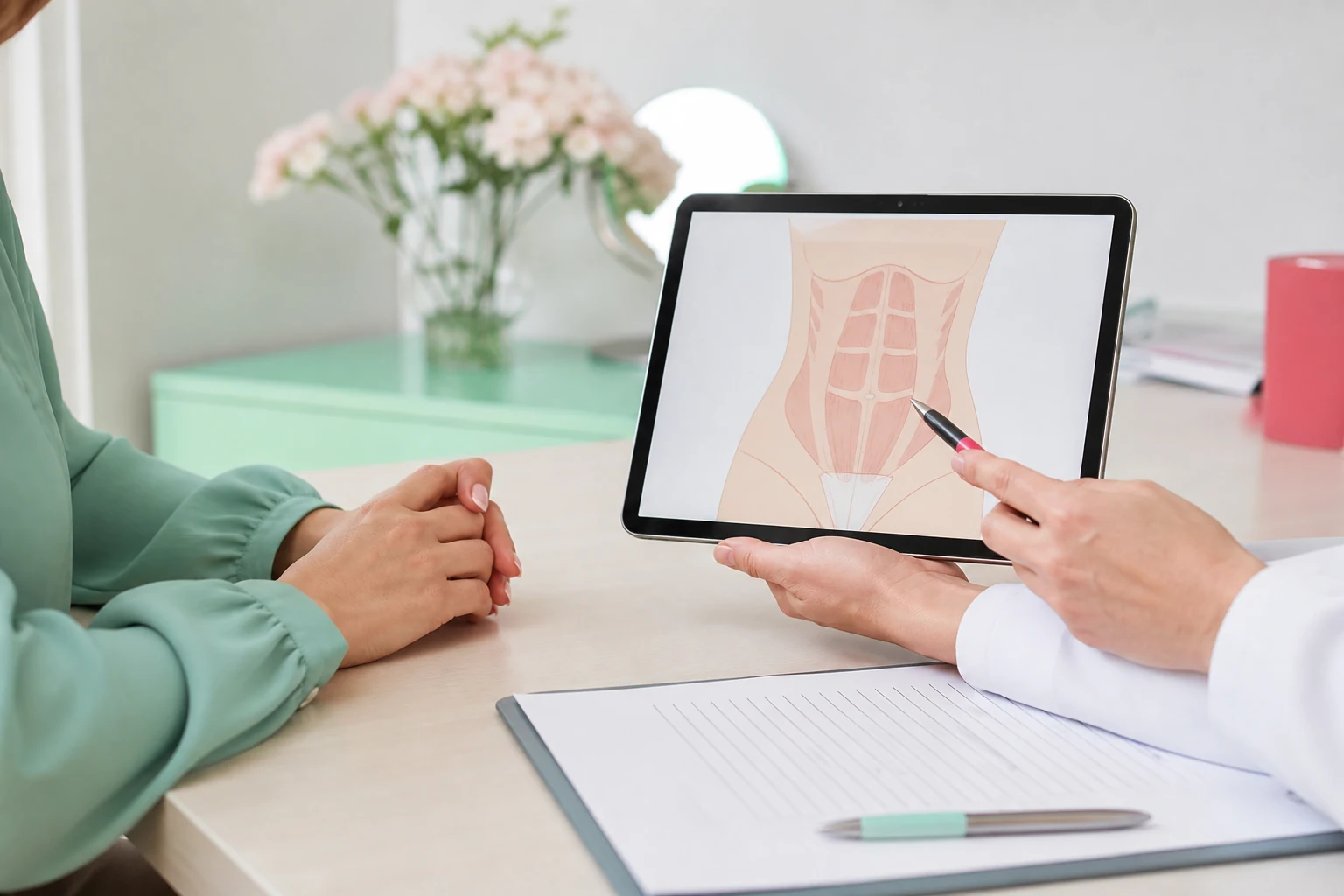 بررسی تصویر آموزشی عضلات شکم در جلسه مشاوره ابدومینوپلاستی