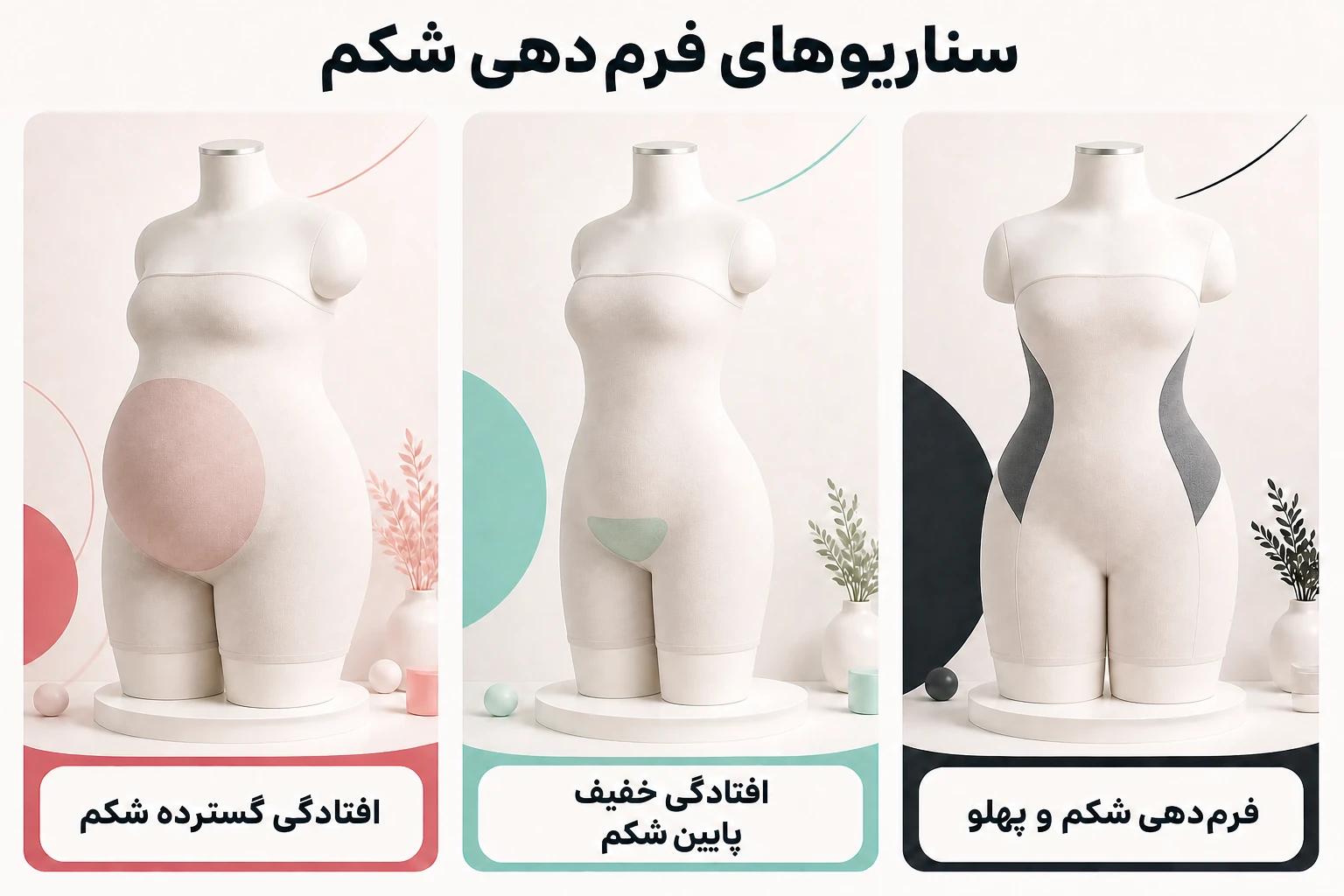 تصویرسازی مفهومی سناریوهای افتادگی شکم و فرم‌دهی شکم و پهلو