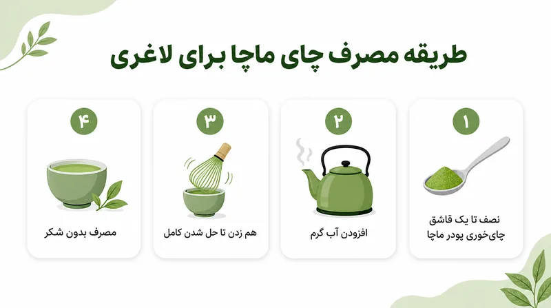 اینفوگرافیک طریقه مصرف چای ماچا برای لاغری در چهار گام ساده