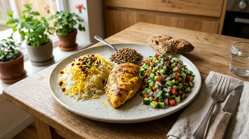بشقاب متعادل رژیم لاغری با برنج، مرغ گریل‌شده و سالاد