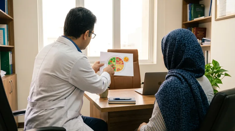 جلسه مشاوره تغذیه و بررسی برنامه کاهش وزن در مطب دکتر باقری
